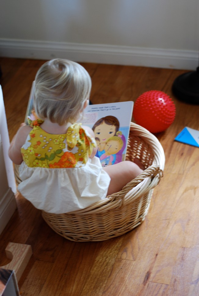 reader in a basket